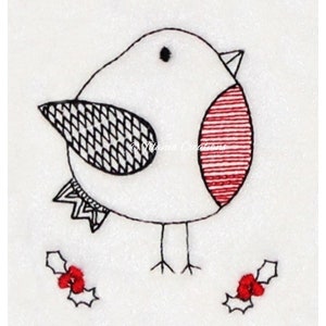 May include: A simple black and red line drawing of a robin with holly berries on either side. The robin has a red breast and a black wing.
