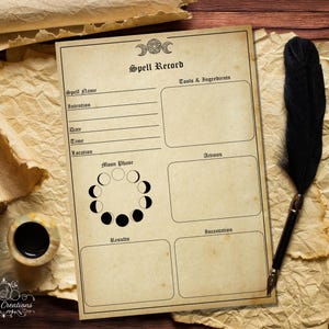Spell Record afdrukbare sjabloonpagina's. Hekserij. Boek der schaduwen. Grimoire.  Directe digitale download