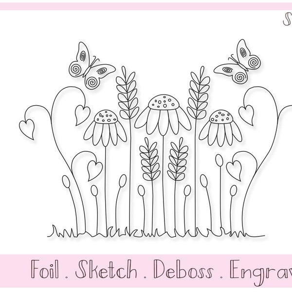 Single Line SVG File For Foil Quill / Sketch Butterflies and Flowers by Titania Creations, Instant Download.