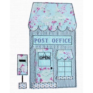 May include: A fabric applique of a post office with a mailbox. The post office has a blue awning and the words "POST OFFICE" above the door. The door has an "OPEN" sign. The mailbox is to the left and has a slot.