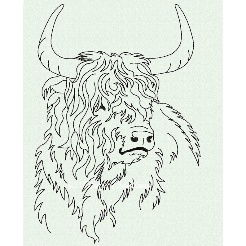 Highland Cattle Machine Embroidery Design Pattern Four sizes included 4x4 5x7 6x10 8x12 by Titania Creations Instant Download. image 1
