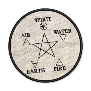 May include: A white circle with a black border and a black five-pointed star in the centre. The words "Spirit", "Air", "Water", "Earth", and "Fire" are written around the star, along with symbols representing each element.