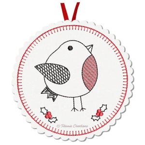 May include: A white felt Christmas ornament with a red stitched border. The ornament features a black and white line drawing of a robin with a red breast, and two sprigs of holly with red berries.