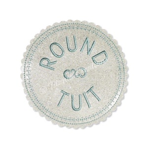 May include: A white round sticker with a blue glitter finish and the text "ROUND & ROUND" in blue embroidery.