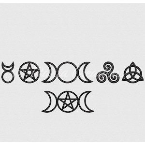 May include: Black and white line art of various pagan symbols, including the pentagram, triple moon, and the triquetra. The symbols are arranged in a row, with the pentagram in the center.