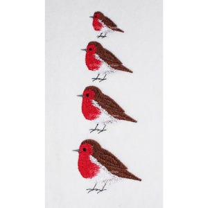 May include: Four embroidered red robins with white breasts and brown wings, arranged in a vertical line from smallest to largest.