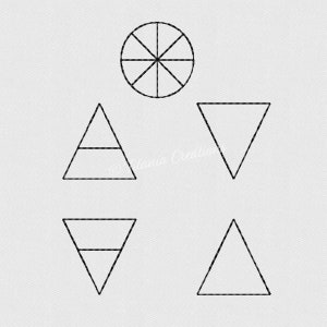 May include: A black and white illustration of a circle with eight spokes, two triangles with a horizontal line inside, and two triangles without a line inside.