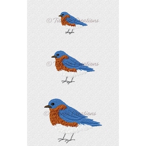 Può includere: Tre immagini ricamate di pettirossi. Ogni uccello è rivolto a destra e ha il dorso blu, il petto bianco e il petto arancione. Gli uccelli sono su uno sfondo bianco.