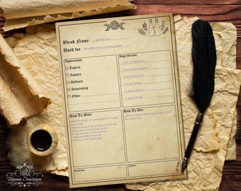 Essential Oil Blend Template Printable Pages. Witchcraft. Book Of Shadows. Grimoire.  Instant Digital Download