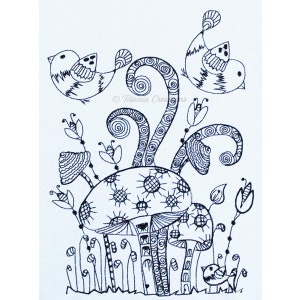 Zen by Adele Whimsical Birds and Mushrooms Machine Embroidery Design Pattern by Titania Creations, For 5x7 6x10 Hoops Instant Download.