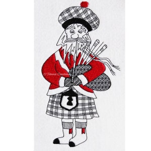 May include: A black and white line drawing of a man wearing a red jacket, a kilt, and a hat, playing a bagpipe. The man has a white beard and mustache. The image is on a white background.