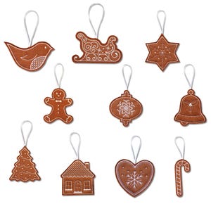 May include: A collection of brown Christmas ornaments in various shapes, including a bird, sleigh, star, gingerbread man, bell, tree, house, heart, and candy cane. Each ornament has white stitching and a white string for hanging.