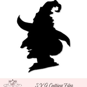 May include: Black silhouette of a witch with a pointed hat. The witch is facing to the right and has a long, pointed nose.