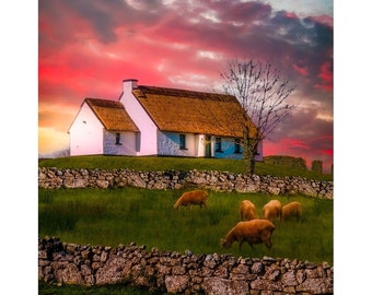 Print - Irish Thatched Cottage On A Hill, County Clare, Ireland