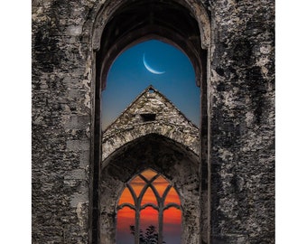 Irish Art Print, Crescent Moon Over Quin Abbey, County Clare, Ireland