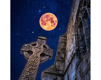 Irish Art Print, Full Moon And Star-Studded Sky Over Quin Abbey, County Clare Ireland Photography Home Office Decor Wall Art Gift