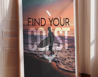 Southern California Sunset Surfer Print, Coastal Art (Instant Download)
