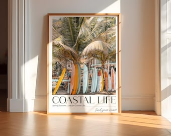 Surfboard Palm Tree Print, Coastal Beach House Decor (Digital Download)