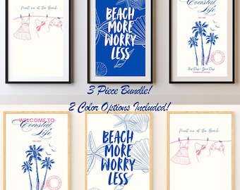 Coastal Wall Art Set of 3, Beach More Worry Less Beachy Prints (Digital Download)