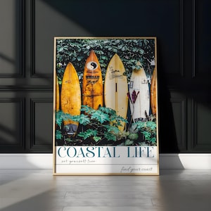 Póster de surf vintage: Arte costero con palmeras (descarga instantánea)