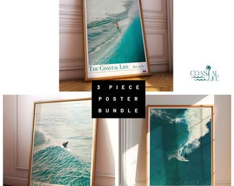 Set di 3 stampe artistiche di surf, trio di fotografie costiere (download digitale)