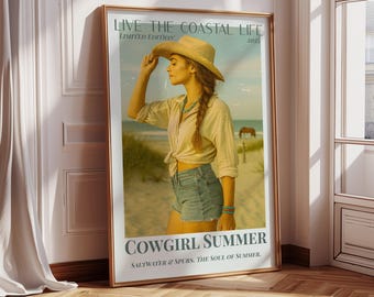 Coastal Cowgirl Summer Art Print, Beach Western Decor (Digital Download)