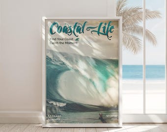 Vintage 1970s Coastal Life Wave Poster, Retro Surf Art (Digital Download)