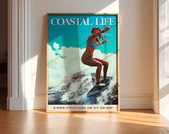 Retro Surfer Girl Print, Coastal Surf Art (Digital Download)