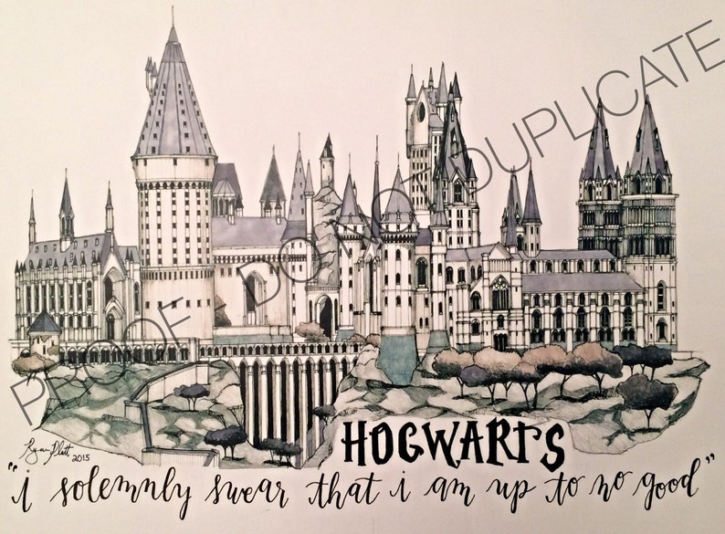 Harry Potter Hogwarts Ink Drawing with Custom Quote Etsy