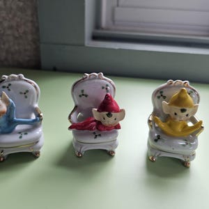 Vintage Pixie Miniatures Adorable Elves Lounging in their armchairs - from the 1950s