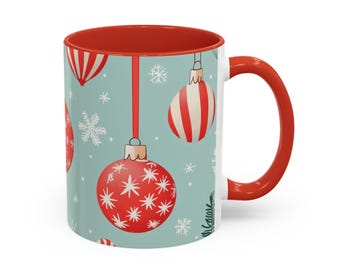 Taza, adornos navideños clásicos, como bolas, bastones de caramelo y copos de nieve, taza de café navideña, vajilla festiva, taza de té de invierno,