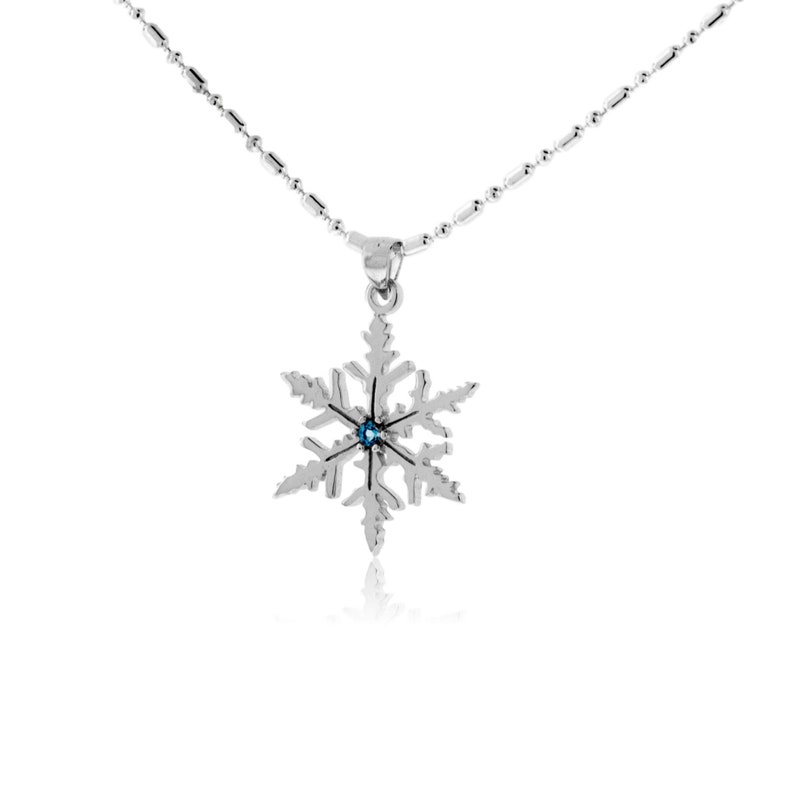 Sterling Silver Snowflake Necklace with Blue Topaz Accent Stone