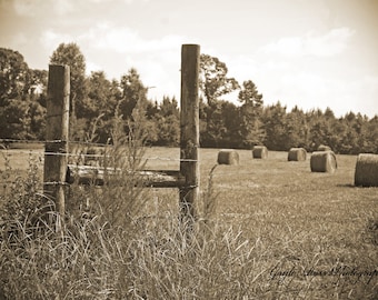 Hay Field Photography,Hay Bale Photography,wooden Fence post,Agriculture Photo,Fence,Rustic Photography,Farm Photography,Country Photograph
