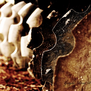 May include: Close-up of a rusty metal gear with a brown background. The gear has a unique, intricate design with sharp teeth.