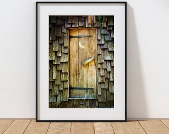 Moon Walk Outhouse Door Photo, Bathroom Wall Art, Vintage Outhouse Print, Country Home Decor, Crescent Moon on outhouse, Old Outhouse Print