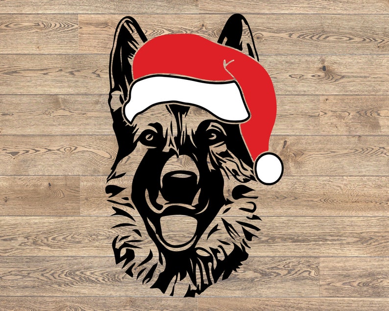 German shepherd Whit Christmas Hat dog head Silhouette SVG