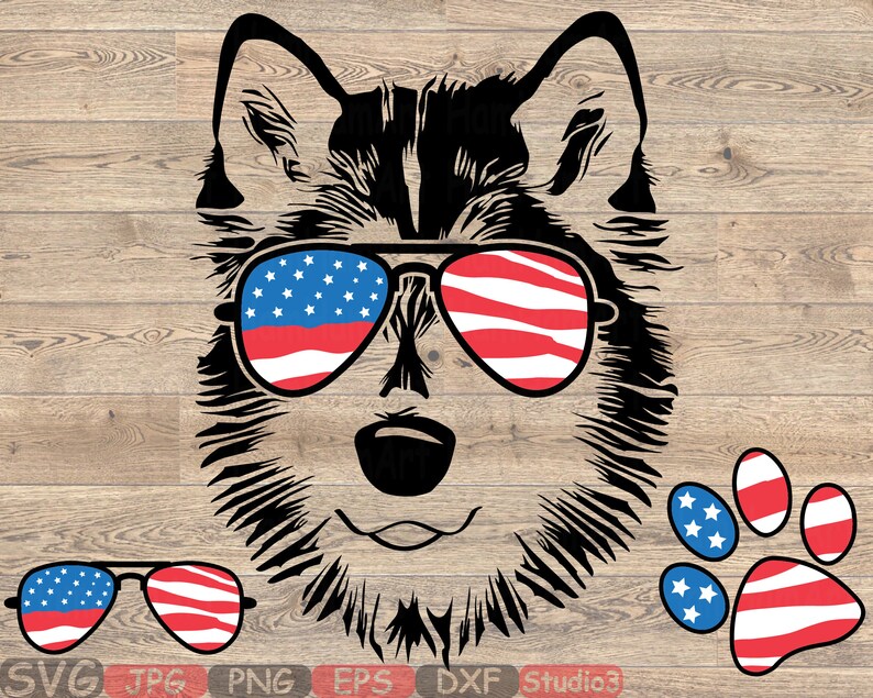 Download Husky Dog USA Flag Glasses Paw Silhouette SVG Cutting ...