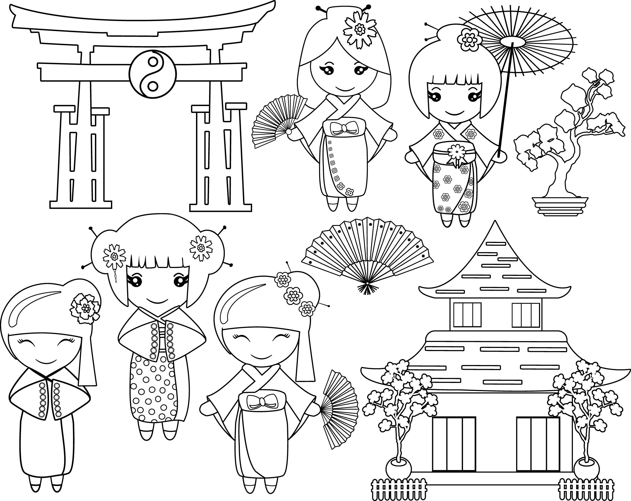 Download Black White Outline Kokeshi Japanese Dolls Svg Pdf Jpg China Etsy
