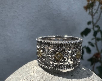 Judith Ripka vintage wide band, diamond, gold and silver flower eternity band