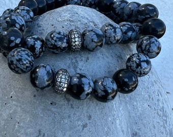 Snowflake obsidian stack bracelets