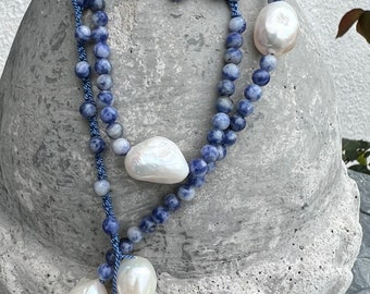 Sodolite and pearl necklace
