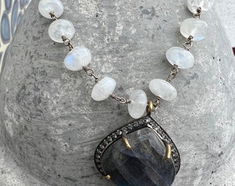 Labradorite, Moonstone and Diamond Necklace