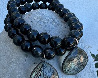 Golden obsidian stack bracelets