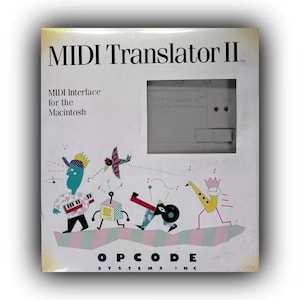 May include: A vintage box for "MIDI Translator II" software, designed for Macintosh computers. The box features colorful cartoon figures playing musical instruments. The text "MIDI Interface for the Macintosh" is visible, along with the Opcode Systems Inc. logo.