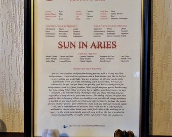 Personal Sun Sign Profile - ARIES - printed ready for framing - horoscope, birthday, astrology, Christmas, baptism, Mothers Fathers Day