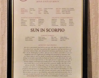 Personal Sun Sign Profile - SCORPIO - printed ready for framing - horoscope, birthday, astrology, Christmas, baptism, Mother's Fathers Day