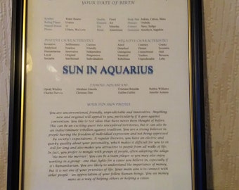 Personal Sun Sign Profile - AQUARIUS - printed ready for framing - horoscope, birthday, astrology, Christmas, baptism, Mothers Fathers Day