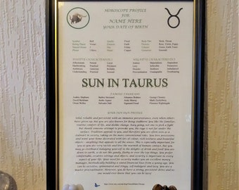 Personal Sun Sign Profile - TAURUS - printed ready for framing - horoscope, birthday, astrology, Christmas, baptism, Mothers Fathers Day