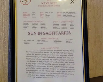 Personal Sun Sign Profile - SAGITTARIUS - printed ready for framing -horoscope, birthday, astrology, Christmas, baptism, Mothers Fathers Day