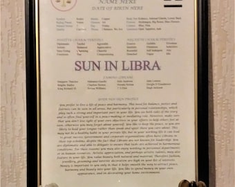 Personal Sun Sign Profile - LIBRA - printed ready for framing - horoscope, birthday, astrology, Christmas, baptism, Mothers Fathers Day